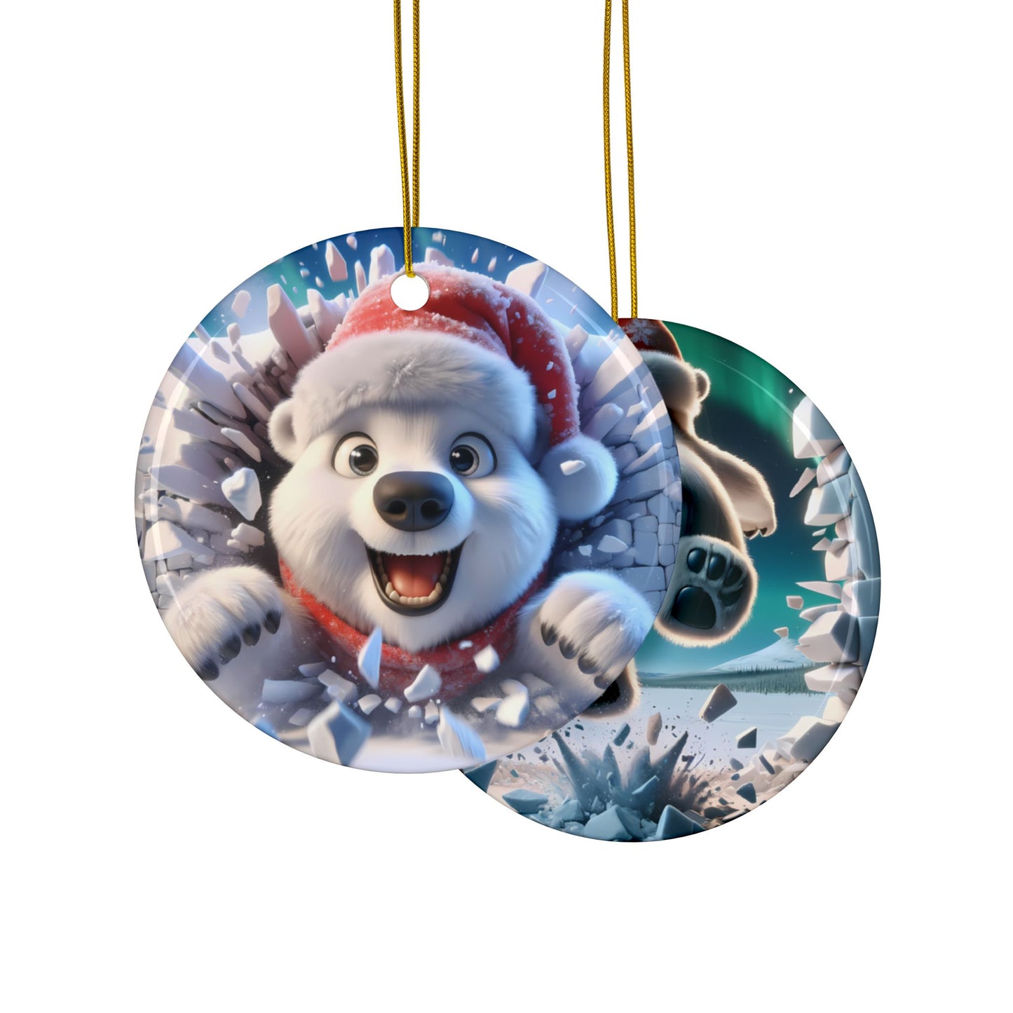 Cute Break-Through Polar Bear Ceramic Ornament, Double-Sided