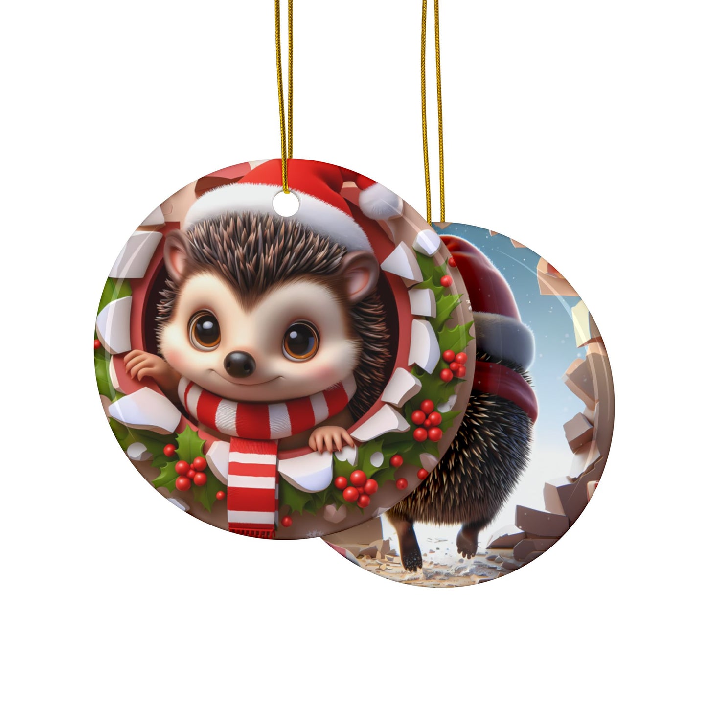 Festive Break-Through Hedgehog Ceramic Ornament, Double-Sided