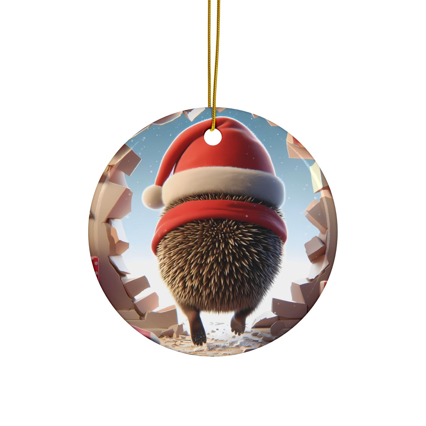Festive Break-Through Hedgehog Ceramic Ornament, Double-Sided