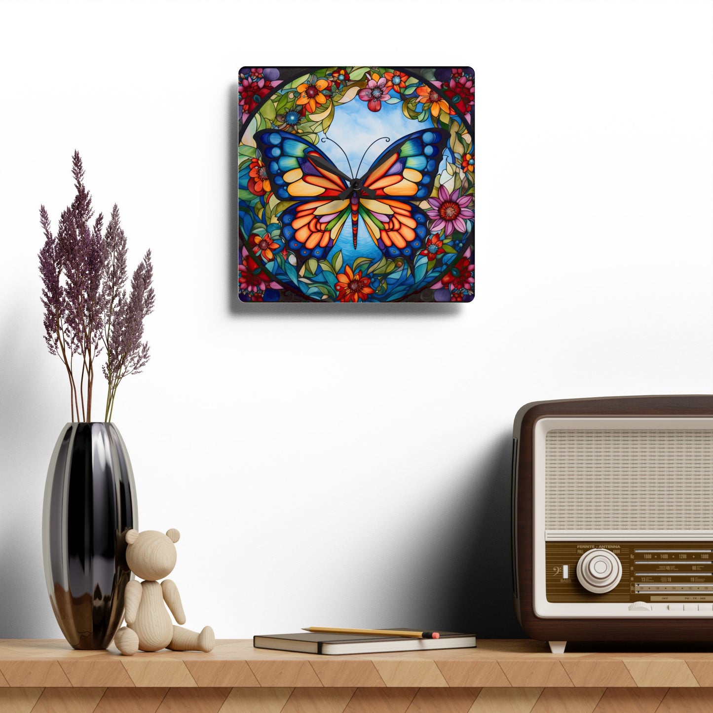 Stained Glass Butterfly Wall Clock