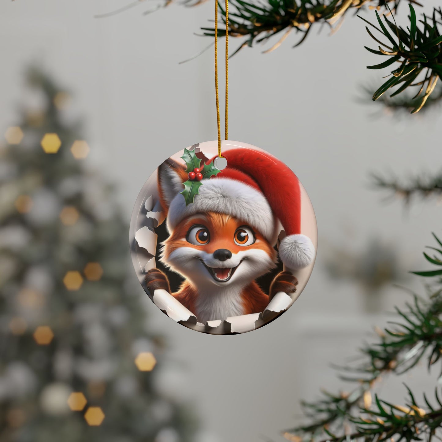 Cute Break-Through Fox Ceramic Ornament, Double-Sided