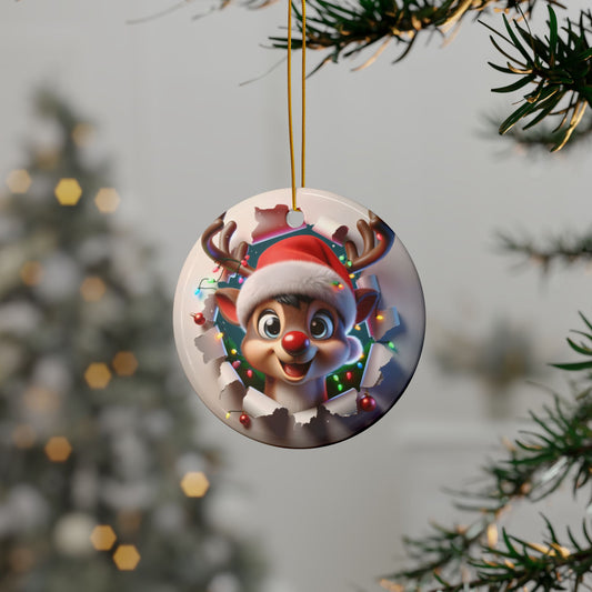 Cute Break-Through Reindeer Ceramic Ornament, Double-Sided
