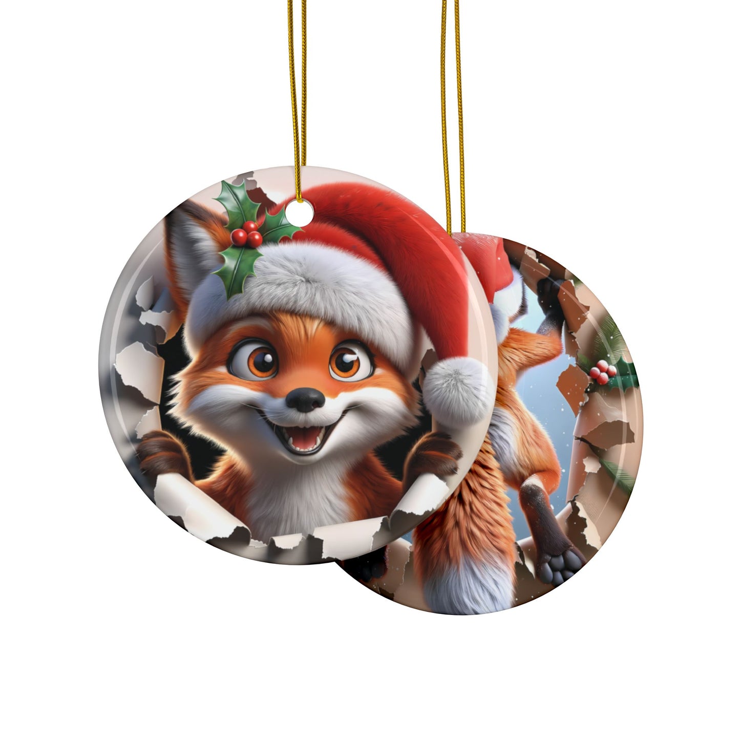 Cute Break-Through Fox Ceramic Ornament, Double-Sided